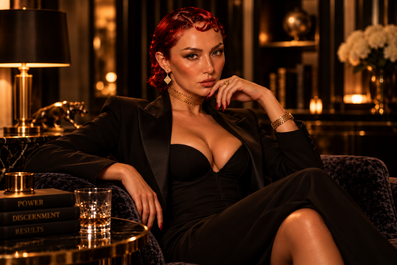 Roza seated in a black suit in a warmly lit lounge
